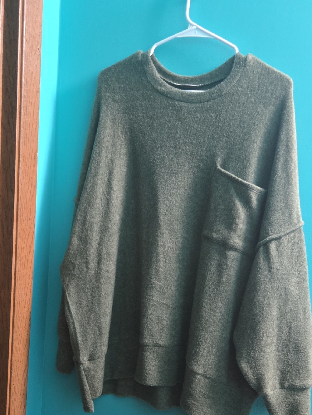 Women's Olive Crewneck Sweater with Chest Pocket